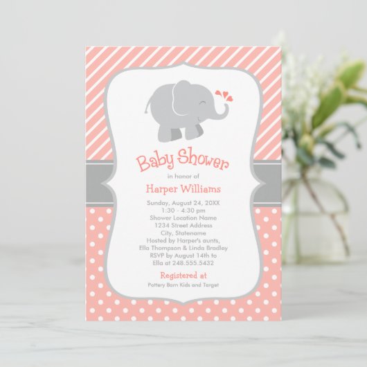 Moderne Coral Elephant Girl Baby Dusche Einladung (Stehend Vorderseite)