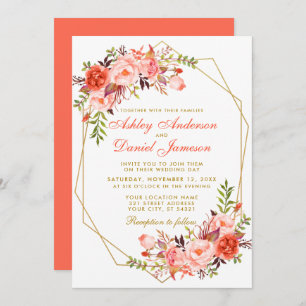 Moderne Coral Floral Gold Geometric Wedding Einladung