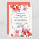Moderne Coral Floral Gold Geometric Wedding Einladung (Vorne/Hinten)