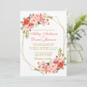 Moderne Coral Floral Gold Geometric Wedding W Einladung (Stehend Vorderseite)