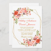 Moderne Coral Floral Gold Geometric Wedding W Einladung (Vorne/Hinten)