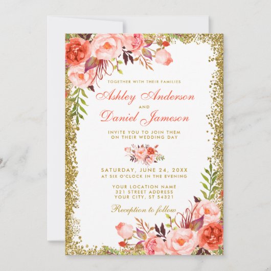 Moderne Coral Floral Gold Glitzer Wedding W Einladung (Vorderseite)