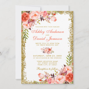 Moderne Coral Floral Gold Glitzer Wedding W Einladung