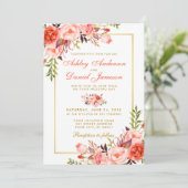 Moderne Coral Floral Wedding Gold W Einladung (Stehend Vorderseite)