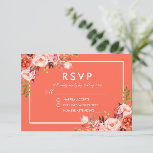 Moderne Coral Floral White UAWG Wedding RSVP Karte (Stehend Vorderseite)