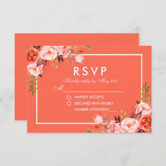 Moderne Coral Floral White UAWG Wedding RSVP Karte (Vorne/Hinten)