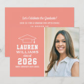 Moderne Coral Pink Foto Graduation Party Einladung (Vorne/Hinten)