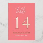 Moderne Coral Pink Hochzeitsstiftung Tischnummer R (Vorderseite)