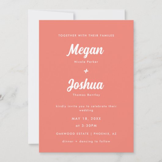 Moderne Coral Pink Script Hochzeit Einladung (Vorderseite)