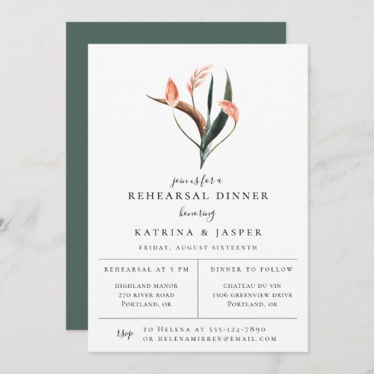 Moderne Coral Tropics Probe Abendessen Einladung (Vorne/Hinten)