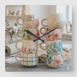 Moderne Cottagecore-Mug-Set-Wanduhr Quadratische Wanduhr