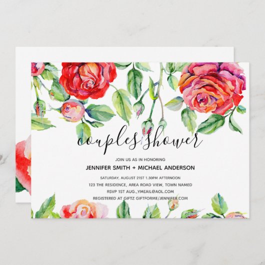 Moderne COUPLES SHOWER Aquarellfarben Rose handsch Einladung (Vorne/Hinten)