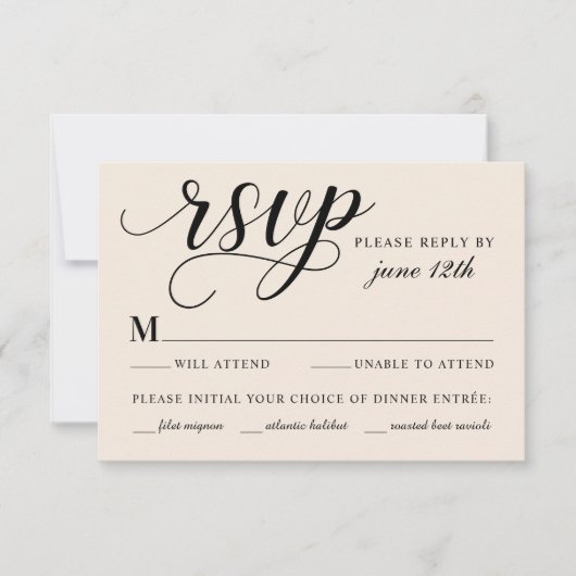 Moderne Cream- und Black Script-Hochzeit RSVP Karte (Vorderseite)