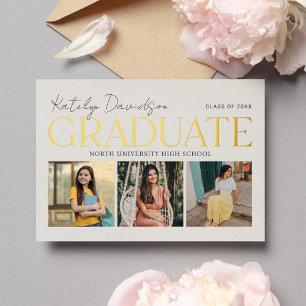 Moderne Creme Absolvent 3 Foto Abschluss Gold Folieneinladung