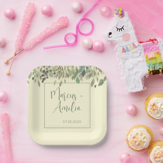 Moderne Creme & Eukalyptus Wedding Pappteller (Party)