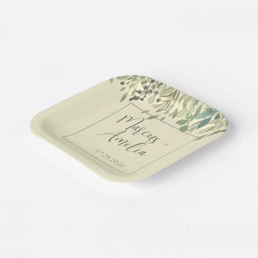 Moderne Creme & Eukalyptus Wedding Pappteller (Gewinkelt)
