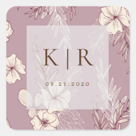 Moderne Creme-Floral-Monogramm-Hochzeitsticker Quadratischer Aufkleber