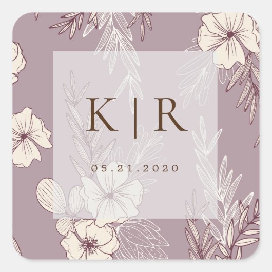 Moderne Creme-Floral-Monogramm-Hochzeitsticker Quadratischer Aufkleber (Vorderseite)
