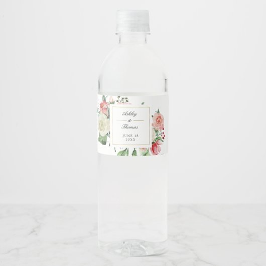 Moderne Creme Rose Blumenwasser Hochzeit Wasserflaschenetikett (Vorderseite)