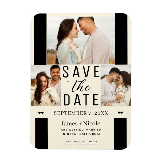 Moderne Creme Save the Date 3 Foto Hochzeit Magnet (Vertikal)