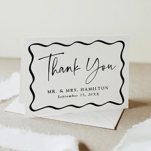 Moderne Creme- und Black Wavy-Frame-Foto-Hochzeit Dankeskarte
