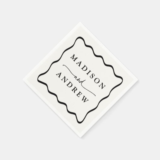 Moderne Creme- und Black Wavy-Rahmen-Hochzeit Serviette (Ecke)