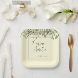 Moderne Creme- und Eukalyptus-Hochzeit Pappteller