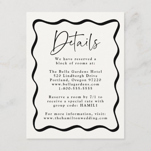 Moderne Creme- und Schwarz-Wavy-Rahmen-Hochzeitsde Begleitkarte (Vorderseite)