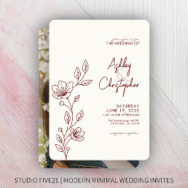 Moderne Crimson Red Foliage Kontur Foto Hochzeit Einladung