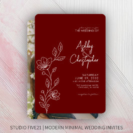 Moderne Crimson Red Foliage Kontur Foto Hochzeit Einladung