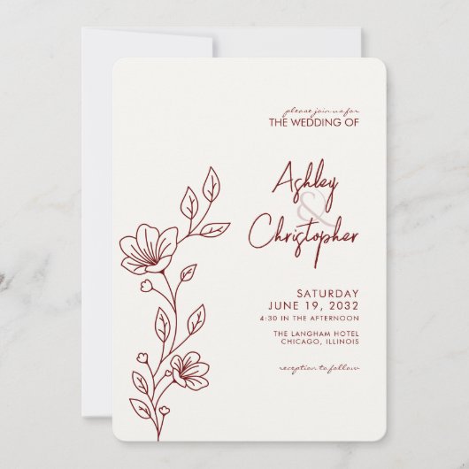 Moderne Crimson Red Foliage Kontur Hochzeit Einladung (Vorderseite)