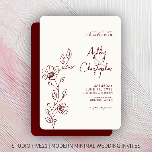 Moderne Crimson Red Foliage Kontur Hochzeit Einladung