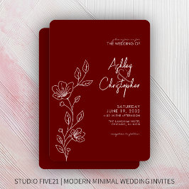 Moderne Crimson Red Foliage Kontur Hochzeit Einladung