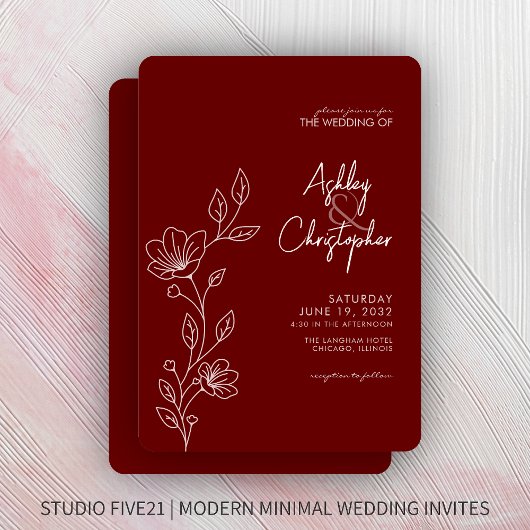 Moderne Crimson Red Foliage Kontur Hochzeit Einladung