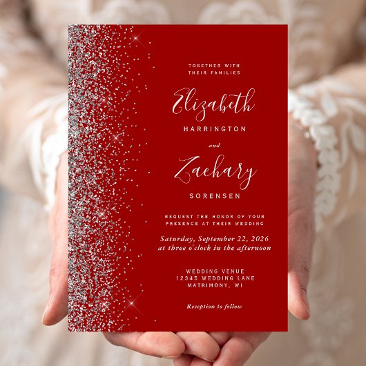 Moderne Crimson Red Silver Glitzer Edge Wedding Einladung