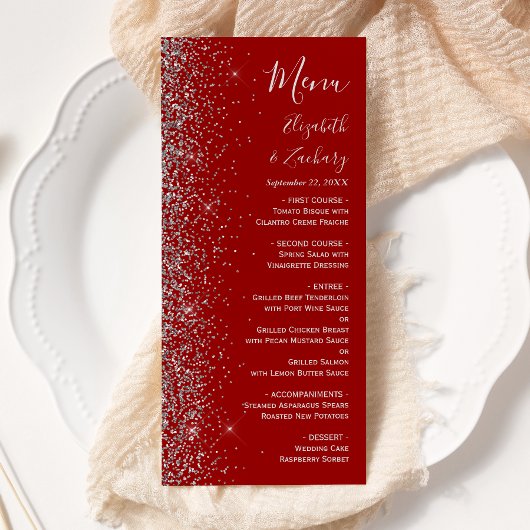 Moderne Crimson Red Silver Glitzer Edge Wedding Menükarte