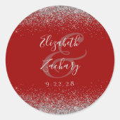 Moderne Crimson Red Silver Glitzer Edge Wedding Runder Aufkleber (Vorderseite)
