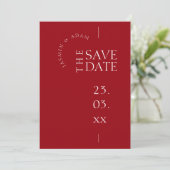 Moderne Crimson Red Simple Typografy Wedding Save The Date (Stehend Vorderseite)