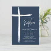 Moderne Cross Boys Taufe Einladung (Stehend Vorderseite)