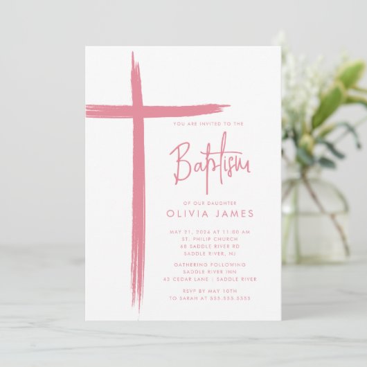 Moderne Cross Girls Taufe Einladung (Stehend Vorderseite)