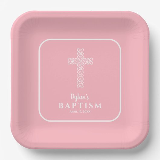 Moderne Cross Pink Taufe Christening Pappteller (Vorderseite)