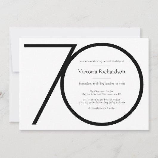 Moderne Custom Schwarz-weiß Minimalistisch 70. Geb Einladung (Vorderseite)