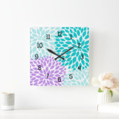 Moderne Dahlia Blume türkisfarbener Lavendel lila Quadratische Wanduhr (Zuhause)