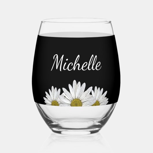 Moderne Daisien Rustikales Blumenschwarz Weinglas Ohne Stiel (Rückseite)