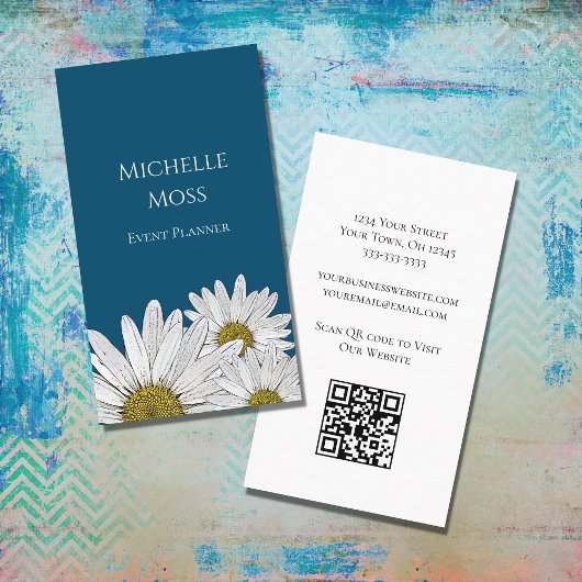 Moderne Daisies QR Code Floral Blue Visitenkarte