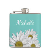 Moderne Daisies Trendy Aquamarin Green Botanical Flachmann (Vorderseite)