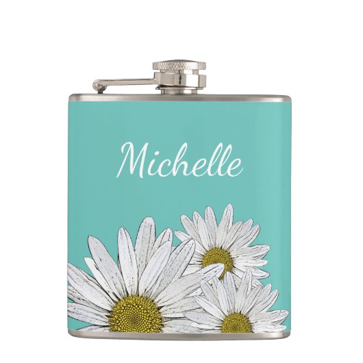 Moderne Daisies Trendy Aquamarin Green Botanical Flachmann (Vorderseite)