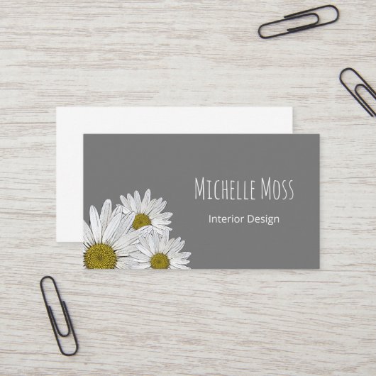 Moderne Daisies Trendy Botanical Gray Visitenkarte (Vorderseite/Rückseite Beispiel)