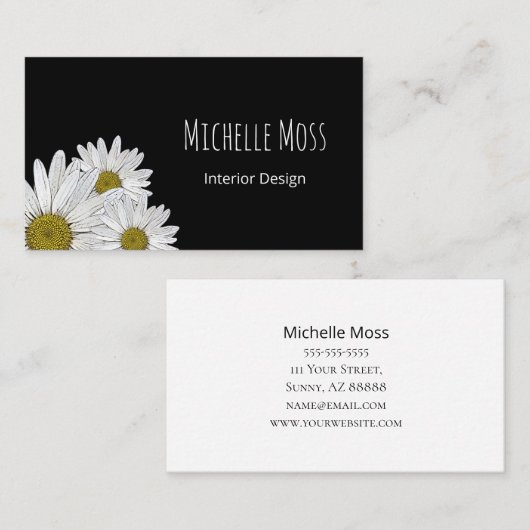 Moderne Daisies Trendy Botanical Schwarz-weiß Visitenkarte (Vorne/Hinten)