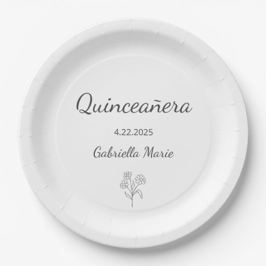 Moderne Daisy Quinceañera Elegant Gray Typografy Pappteller (Vorderseite)